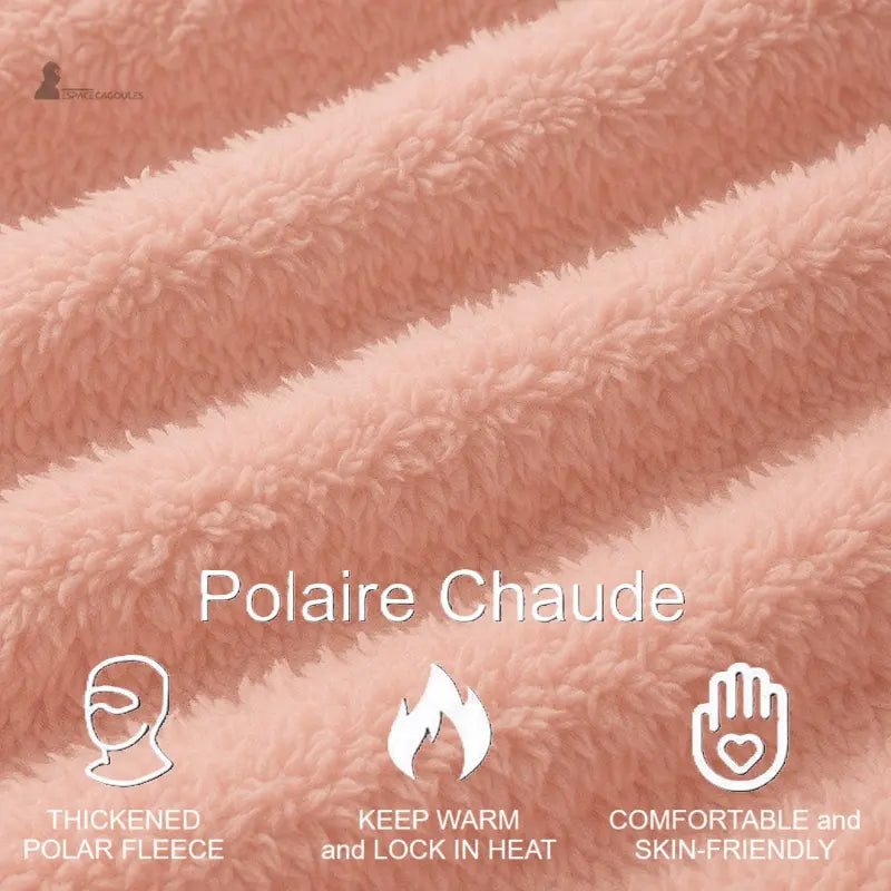 Cagoule polaire Femme tissu polaire rose texturé, gros plan sur la matière chaude et confortable avec icônes explicatives