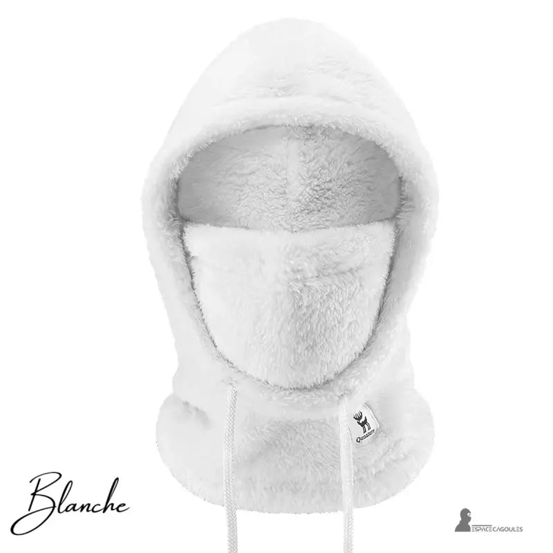 Cagoule polaire Femme blanche chaude et douce avec cordons ajustables, présentée isolée sur fond blanc
