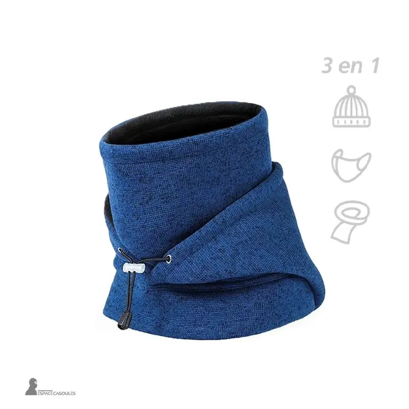 Fleecebalaclava för män - 3-i-1-version på vit bakgrund, illustrerad mössa, halsvärmare och mask, synliga 3-i-1-piktogram. Huvor område