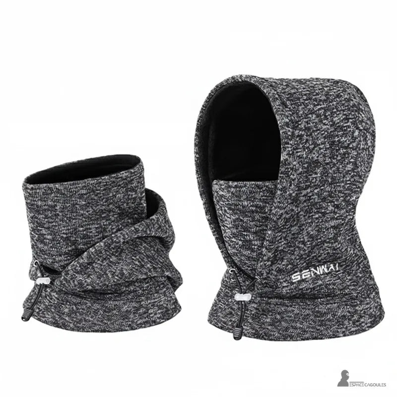 Fleecebalaclava för män - gråmelerad i dunläge, presenterar nackbandskonfigurationen och tygets rendering. Huvor område