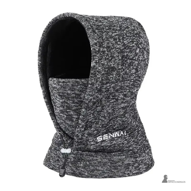 Fleecebalaclava för herrar - gråmelerad variant, täckande huva och ansiktsskydd, synlig dragsko och logotyp. Huvor område