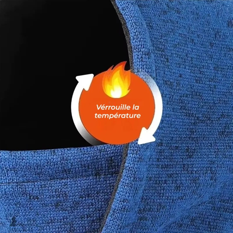 Fleecebalaclava för män - Korsningsdetalj med huva/mask med "låstemperatur"-ikon, framhäver sömmen, fodret och passformssystemet som håller värmen. Huvor område