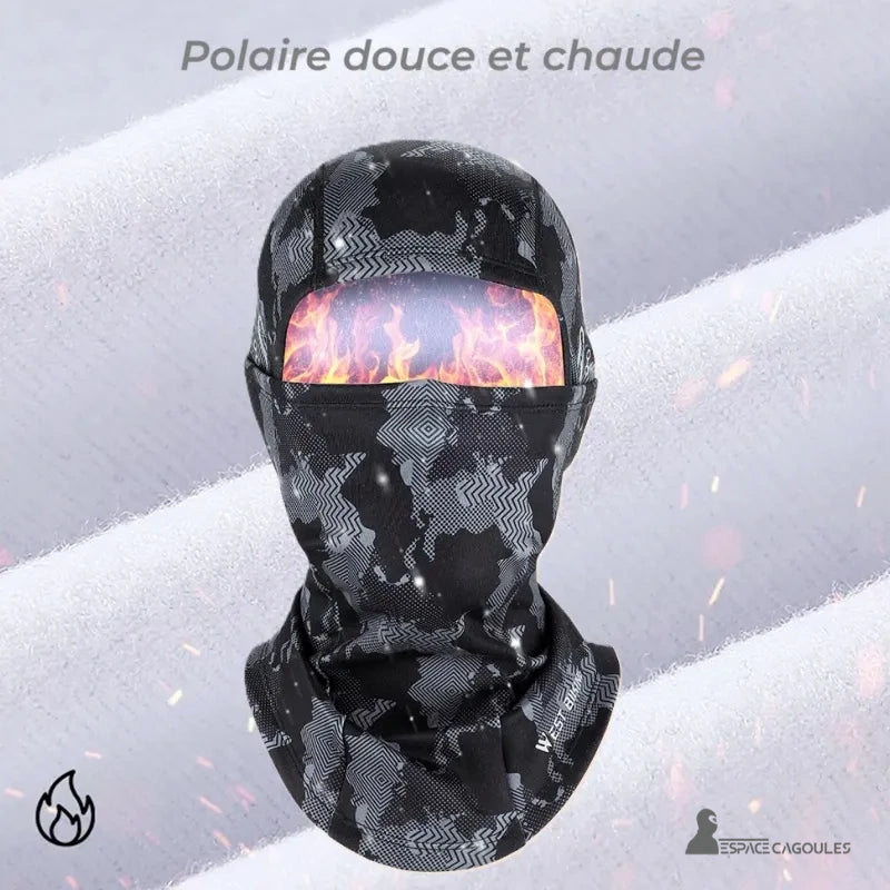 Schwarze und graue Motorrad-Fleece-Sturmhaube mit weicher und warmer Fleece-Innenseite, dargestellt durch Flammeneffekt