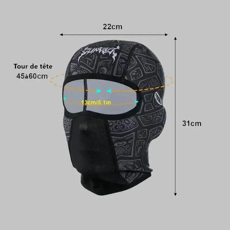 Schéma des mensurations d’une Cagoule pour Casque ski noire, montrant la hauteur et la largeur pour un ajustement optimal.