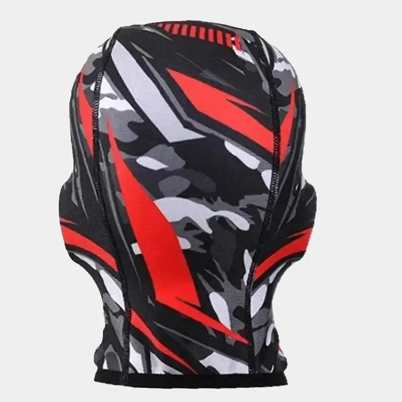 Rear view of the Red Ski Helmet Hood, adorned with camouflage patterns, offering full coverage of the head and neck.