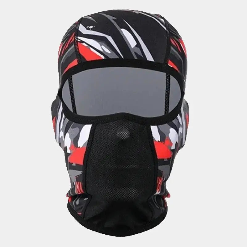 Red ski helmet hood with abstract patterns, front view, fully protecting the face and neck from the cold.