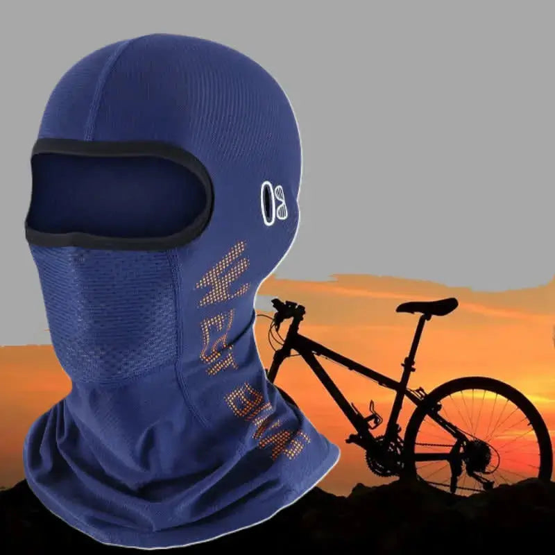 Cagoule pour cycliste en tissu respirant bleu, idéale pour les sorties à vélo par temps frais, avec protection intégrale du visage.