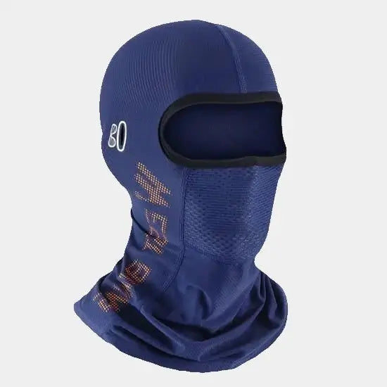 Cagoule pour cycliste bleue, respirante et ajustée, avec trou de passage pour lunettes, idéale pour une protection complète sous le casque lors de sorties à vélo.