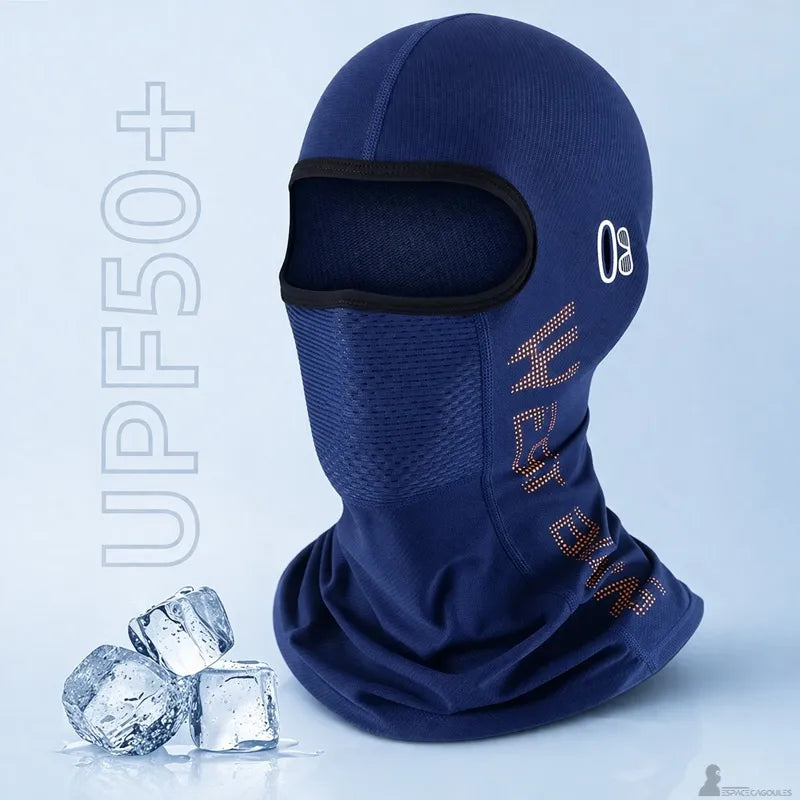 Product view: blue balaclava with UPF50+ mention and ice cubes illustrating a cooling effect - Balaclavas Space