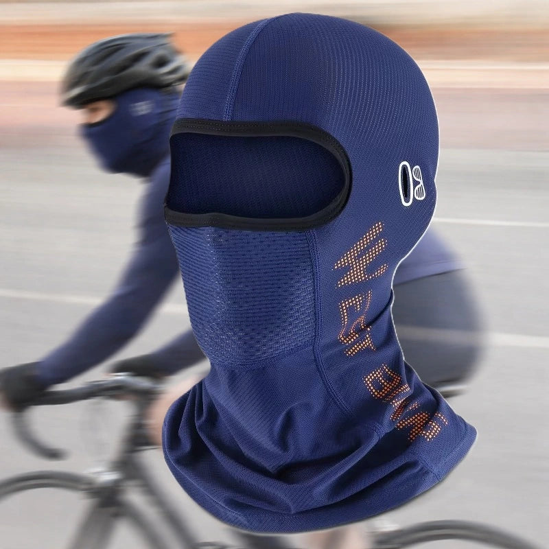 Blue cycling balaclava with a wide face opening and breathable area at the mouth - Cagoules Space