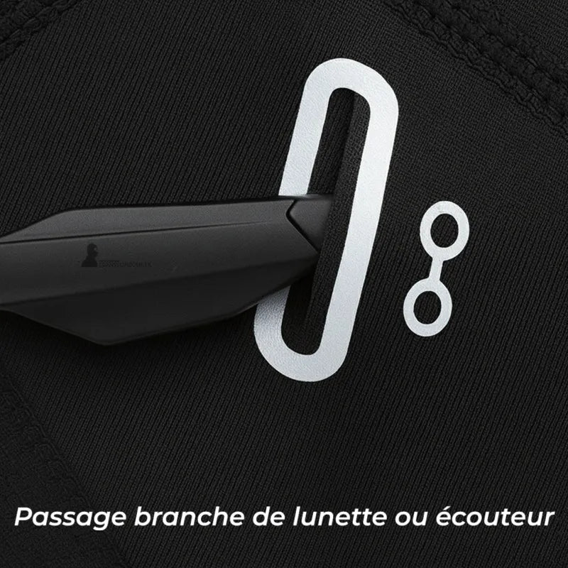 Cagoule pour faire du vélo avec passage latéral pour branches de lunettes ou écouteurs, tissu polyester noir, vue rapprochée de l’ouverture dédiée - Espace Cagoules