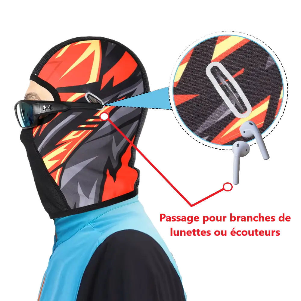 Zoom in on a balaclava for cycling with built-in holes for glasses or headphones, designed for practical and comfortable use during outdoor activities.