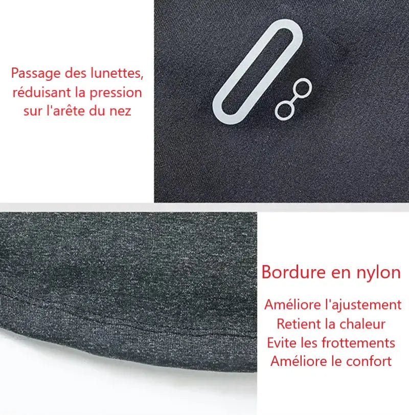 Gros plan sur le passage des lunettes de la cagoule pour moto en polaire, conçu pour un ajustement précis et un confort optimal sous casque.