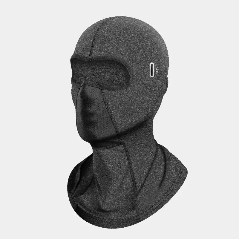 Cagoule pour moto en polaire grise, vue de profil gauche, mettant en avant un design ajusté et des coutures plates pour un confort sous casque.