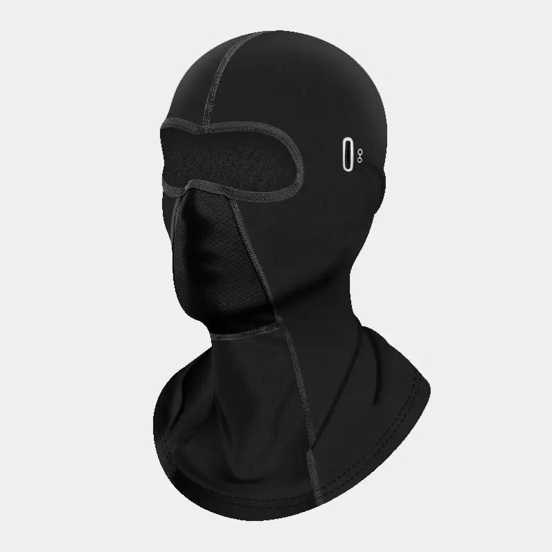 Cagoule pour moto en polaire noire, vue de profil droit, soulignant la conception ajustée et la compatibilité avec un casque pour une protection optimale