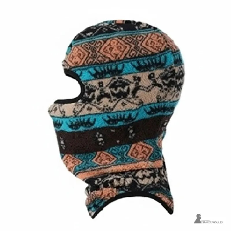 Brown and blue patterned fleece ski balaclava, side view, wrap-around cut, neck and lower face protection - Espace Cagoules.