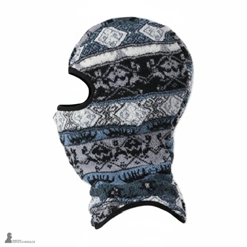 Polar ski balaclava in gray and blue pattern, side view, fitted shape covering the head, neck, and nape for cold conditions - Espace Cagoules.