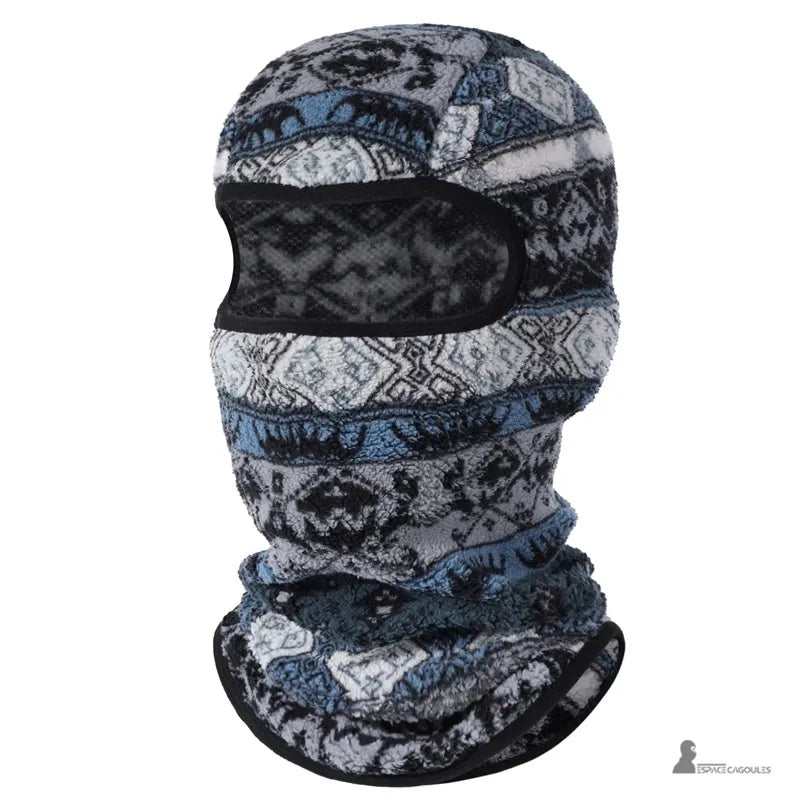 Soft fleece ski balaclava with gray and blue patterns, front view, comfortable face opening, full design for winter sports - Espace Cagoules.