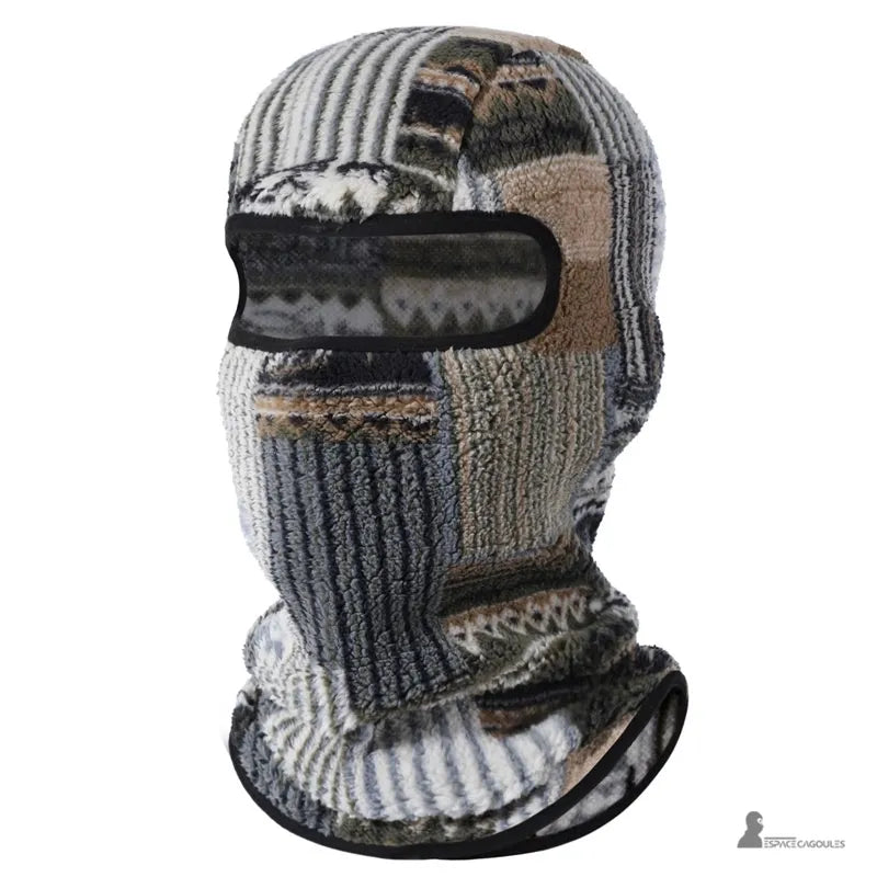 Fleece ski balaclava in gray, beige, and white patchwork, front view, thick and warm texture, wide face opening for thermal comfort - Espace Cagoules.