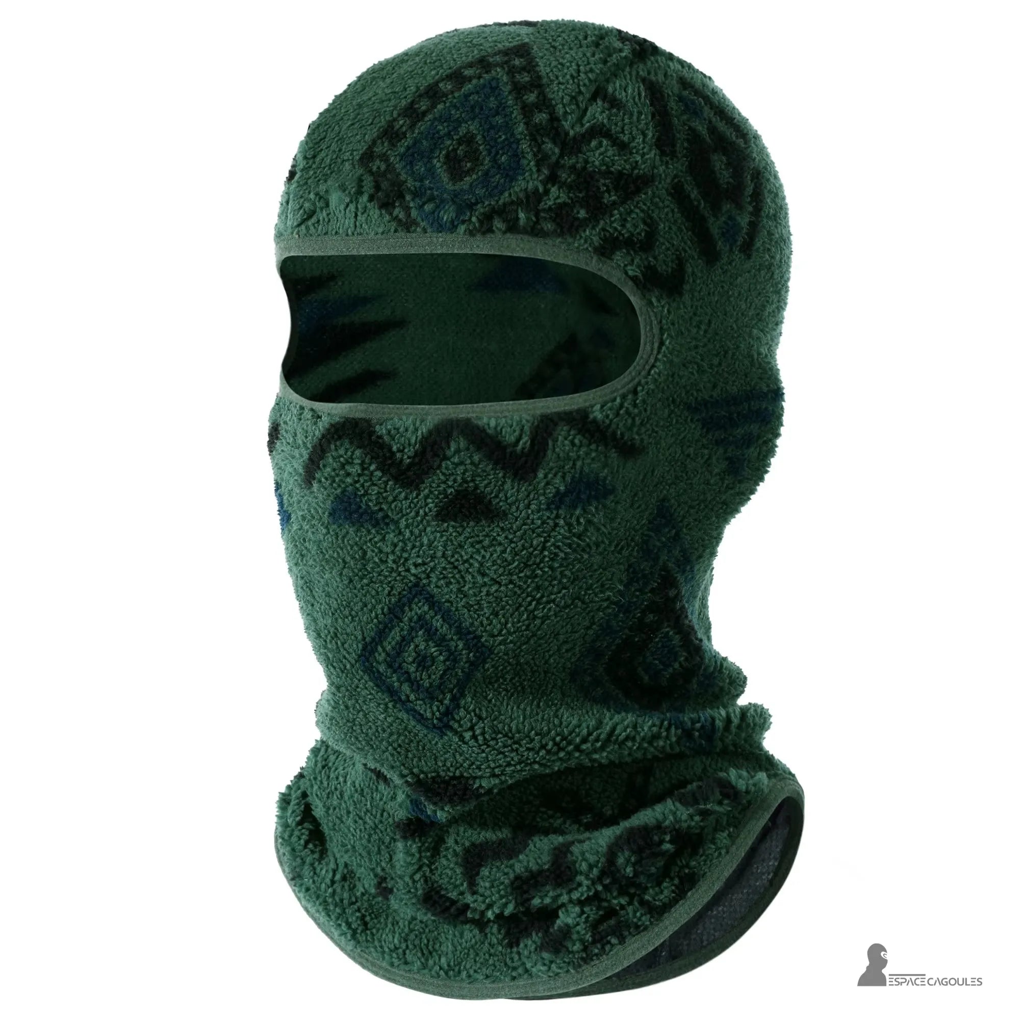 Dark green fleece ski balaclava with subtle patterns, front view, reinforced thermal insulation covering the entire head and neck - Cagoules Space.