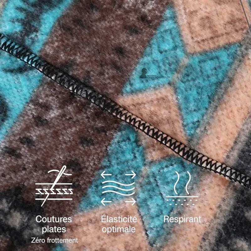 Ski balaclava showing flat seams for frictionless comfort with patterned fleece fabric and indications of optimal elasticity and breathable material in close-up - Balaclava Space.