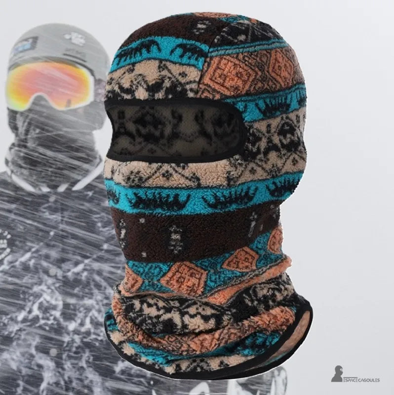ski mask worn by a skier in a winter mountain environment with wind and snow, wide face opening for protection against intense cold - Space Masks