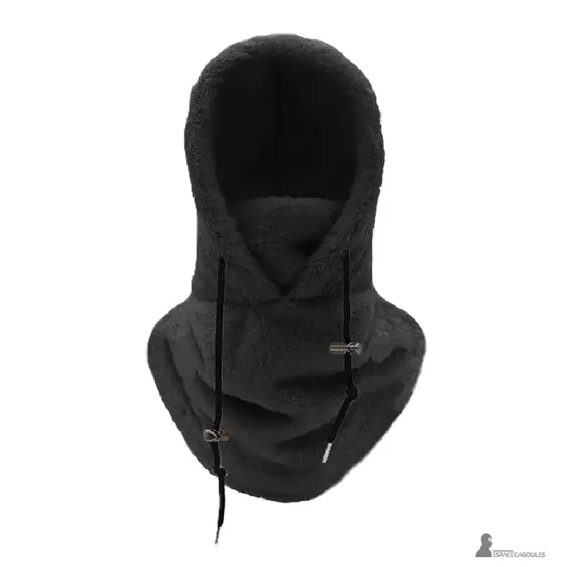 Cagoule Sherpa noire en polaire Ă©paisse, vue de face sur fond blanc, avec cordons dâajustement visibles â Espace Cagoules