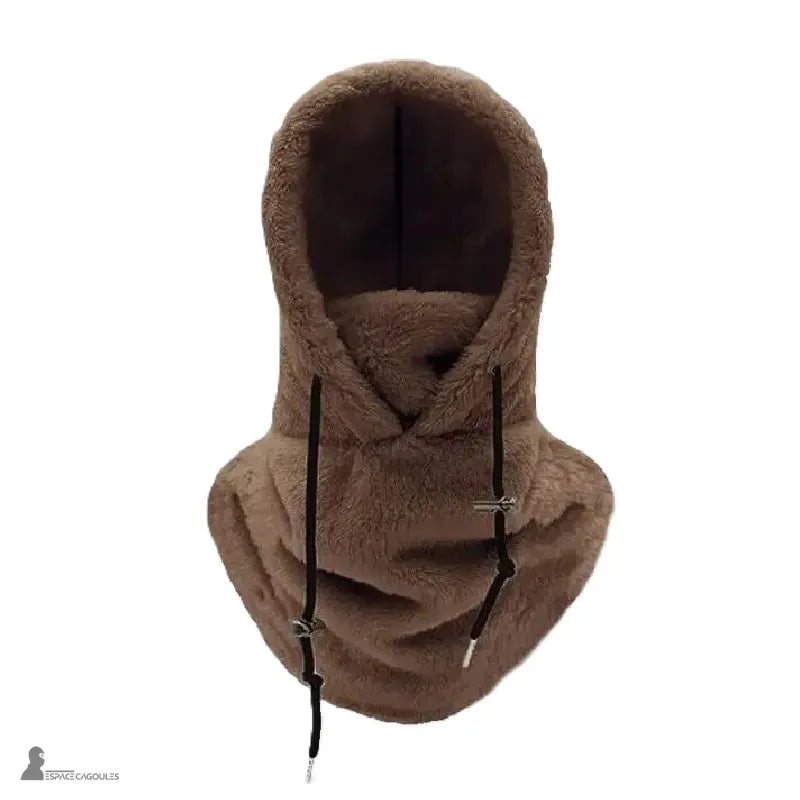 Cagoule Sherpa marron en tissu polaire moelleux, capuche relevĂ©e et cordons noirs mĂ©talliques â Espace Cagoules
