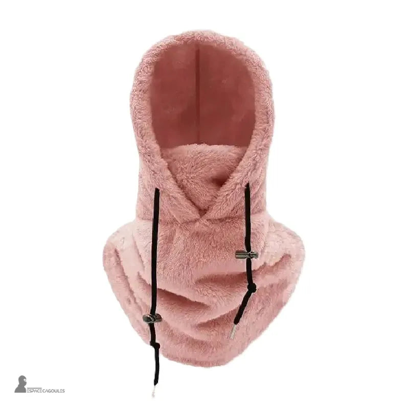Cagoule Sherpa rose poudrĂ© en polaire douce, capuche relevĂ©e avec cordons dâajustement, fond blanc neutre â Espace Cagoules