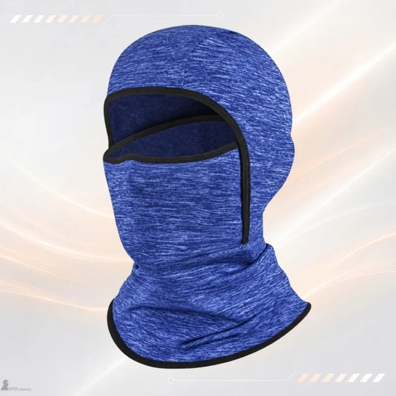 Cagoule ski enfant sous casque KidAlpin coloris bleu chiné vue de face sur mannequin - Espace Cagoules
