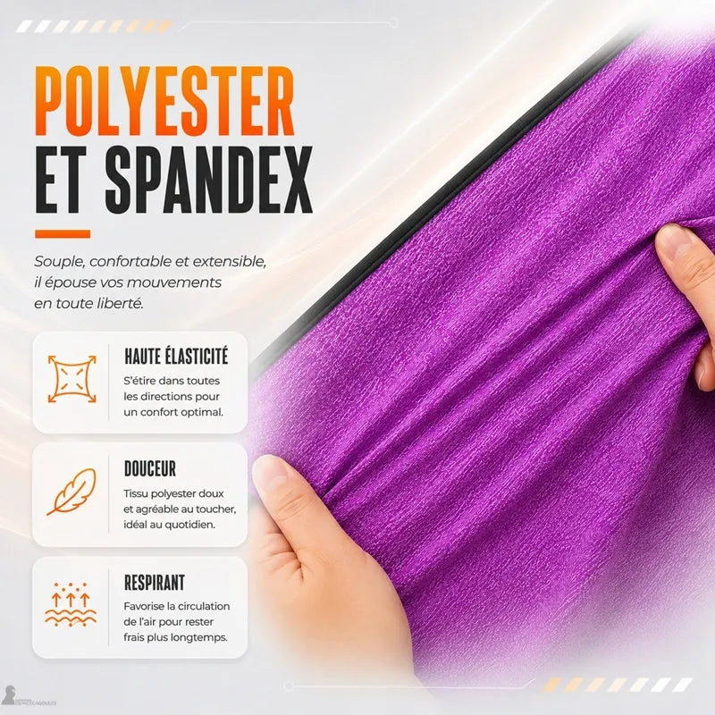 Tissu polyester et spandex de la cagoule ski enfant étiré entre deux mains pour montrer son élasticité - Espace Cagoules