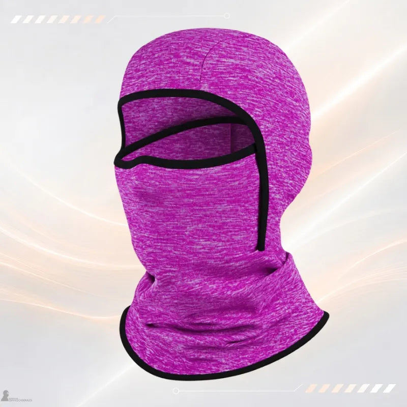 Cagoule ski enfant sous casque KidAlpin coloris rose chiné vue de face sur mannequin - Espace Cagoules