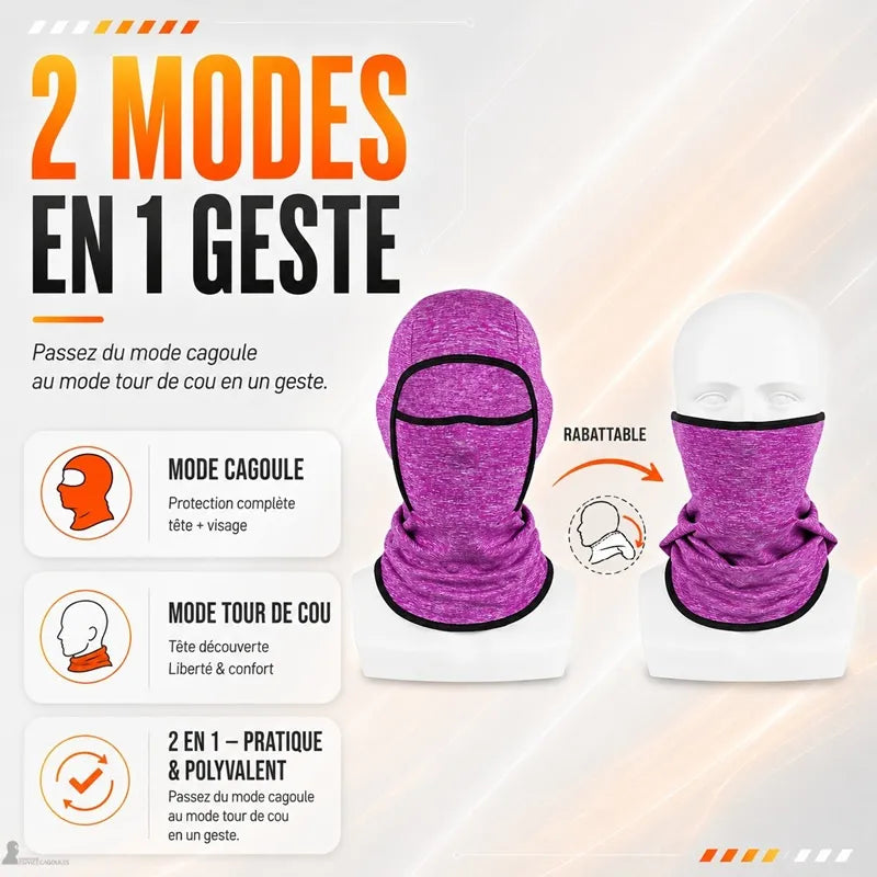 Cagoule ski enfant KidAlpin en mode cagoule intégrale et en mode tour de cou rabattu, sur deux mannequins - Espace Cagoules