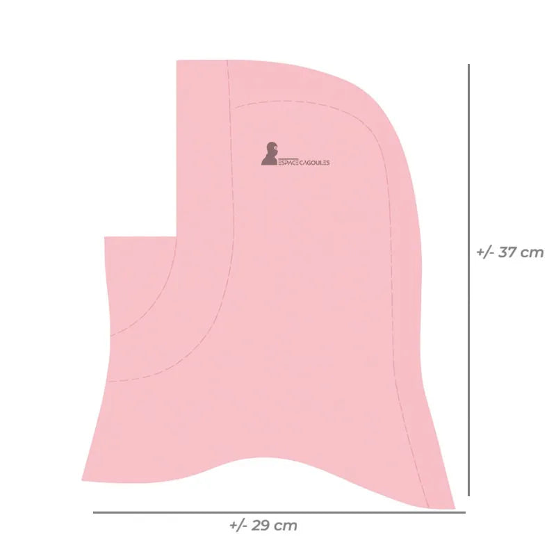 Rosa tjejens skidbalaclava platt vy med angivna mått, med detaljerade exakta mått för en perfekt passform – Espace Cagoules
