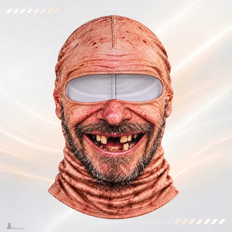 Cagoule ski fun FaceFun imprimé barbu au sourire édenté, vue de face sur fond clair - Espace Cagoules