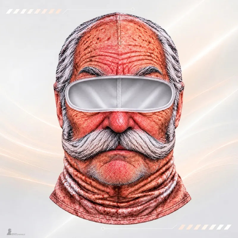 Cagoule ski fun FaceFun imprimé papy moustachu aux cheveux gris, vue de face sur fond clair - Espace Cagoules
