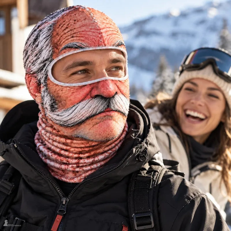 Homme en station de ski portant la cagoule FaceFun papy moustachu, une skieuse amusée en arrière-plan - Espace Cagoules