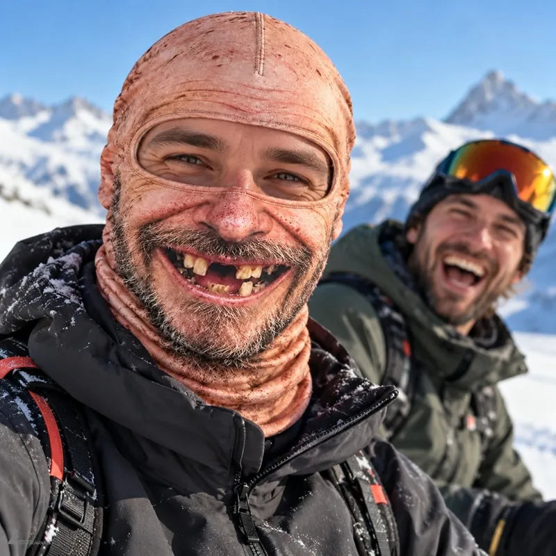 Skieur en selfie sur les pistes enneigées portant la cagoule FaceFun sourire édenté, un ami hilare derrière lui - Espace Cagoules