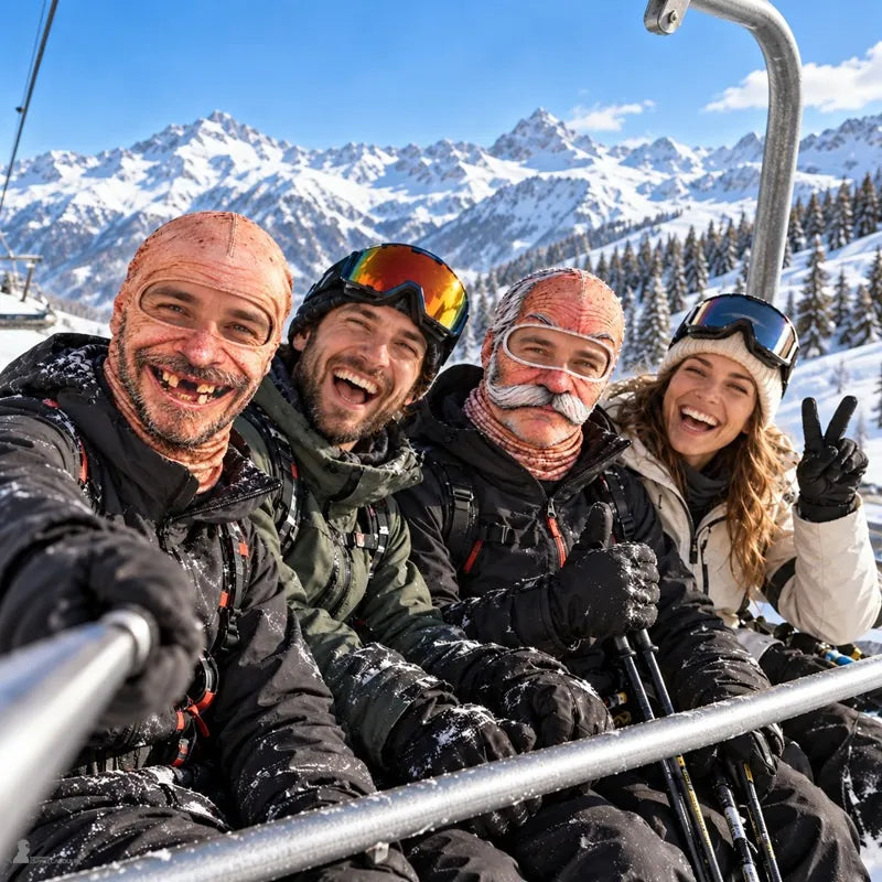 Groupe de skieurs sur un télésiège, deux d'entre eux portent les cagoules FaceFun papy moustachu et sourire édenté - Espace Cagoules