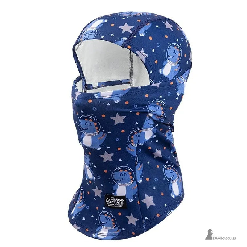Midnattsblå skidbalaklava för pojkar med dinosauriemönster, ergonomiskt 3D-snitt och långsträckt krage för skidåkning.