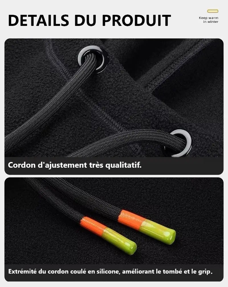 Zoom on the reinforced adjustment cords of the black multifunction ski hood, with colored tips in orange and neon green for a practical and secure adjustment.
