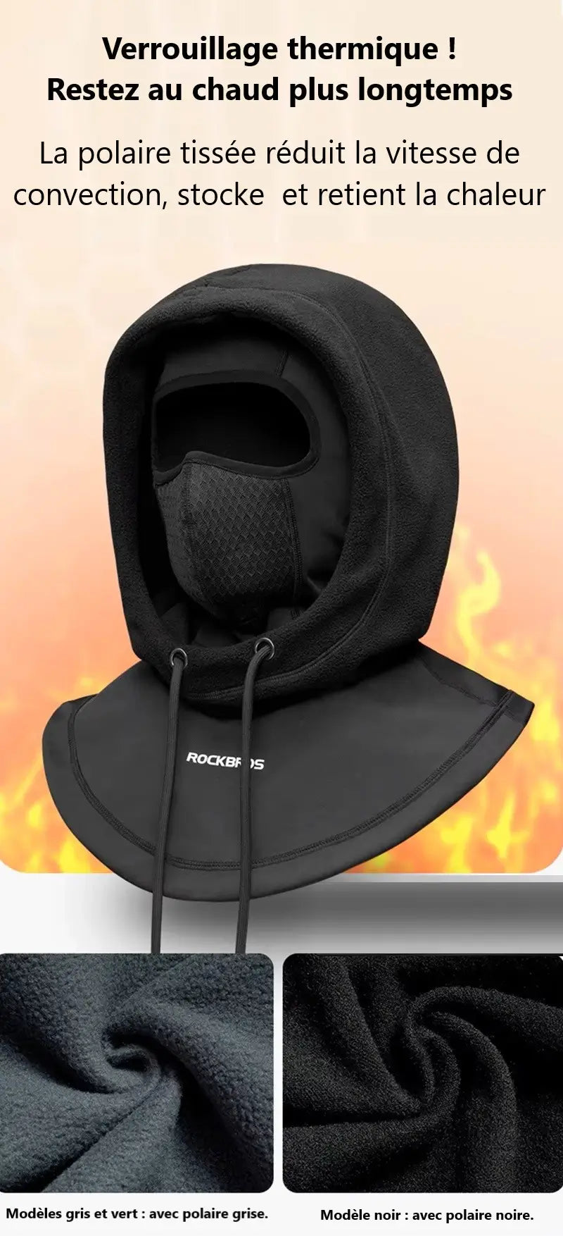 Front view of a black multifunctional ski balaclava with fleece hood, breathable mouth filter and windproof bib, presented with fabric and seam details, perfect for winter sports.