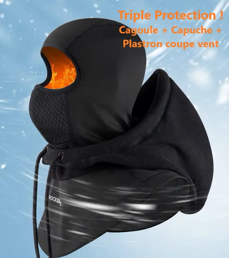 Side view of the black multifunction ski hood worn in a winter environment, highlighting its triple protection: hood, bib and breathable fabric for outdoor activities.