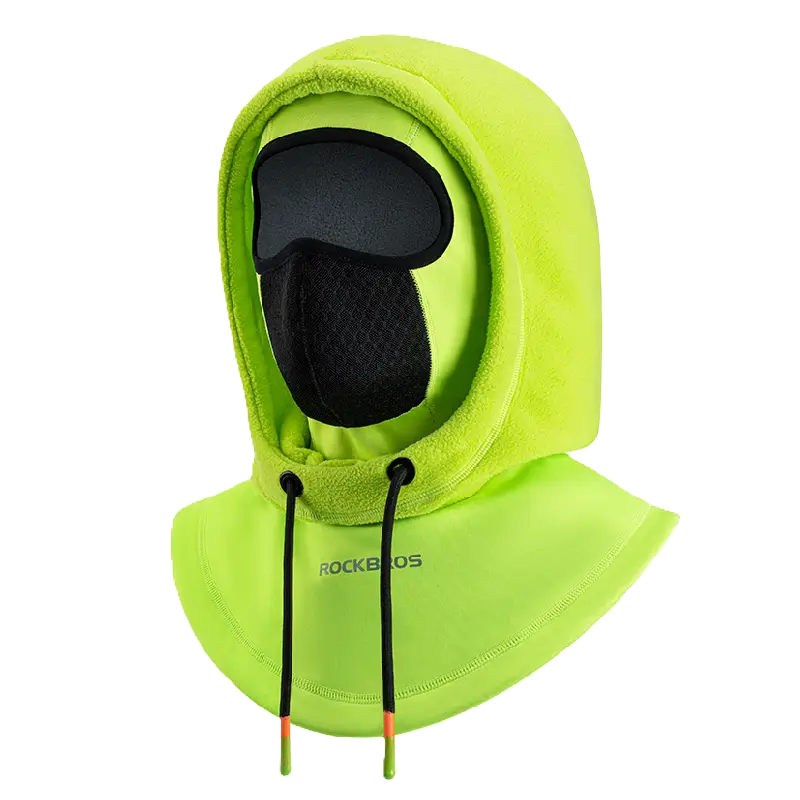 Neon green multifunctional ski balaclava with fleece hood, breathable filter and windproof bib covering the shoulders, ideal for outdoor activities.