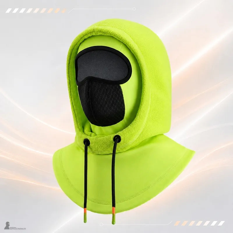Kaptur narciarski wielofunkcyjny żółty fluorescencyjny z kapturem, filtrującą maską i osłoną na klatkę piersiową, widok z trzech ćwiartek - Espace Cagoules