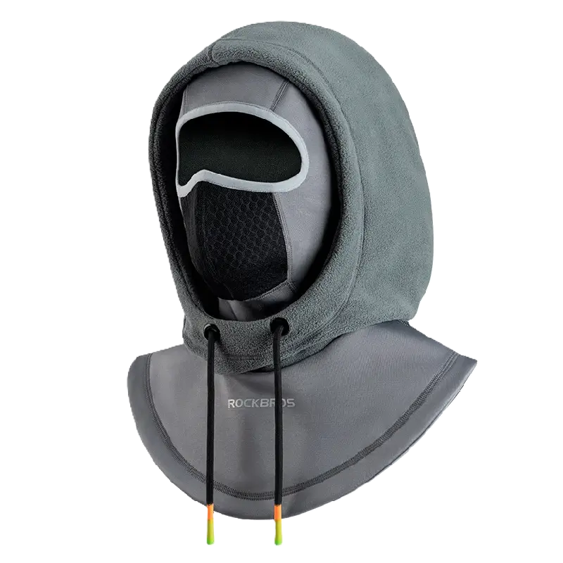 Grey multifunction ski balaclava with ergonomic design, adjustable fleece hood and breathable mouth filter, perfect for skiing and winter conditions.
