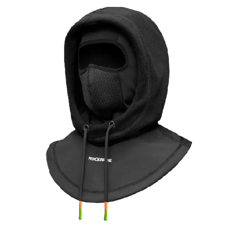 Black multifunction ski balaclava with double fleece hood, protective bib and integrated active filter, suitable for extreme conditions and helmet compatible.