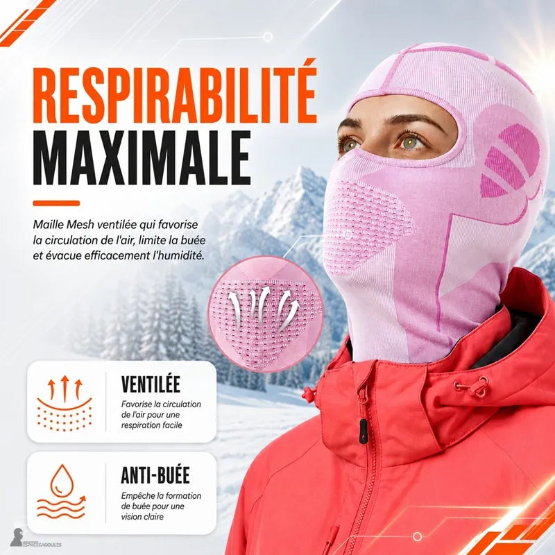 Zone mesh ventilée bouche-nez de la cagoule de ski rose SnowRose qui limite la buée et favorise la respiration - Espace Cagoules