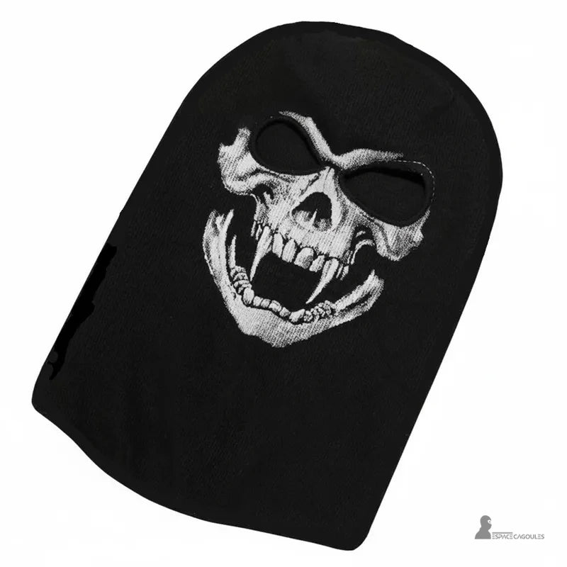 Cagoule ski tĂȘte de mort noire Ă plat avec dessin crĂąne blanc et ouverture yeux, prĂ©sentation du produit textile, Espace Cagoules