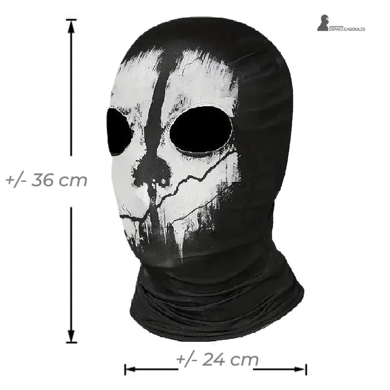 Black Skull balaclava with white skull pattern, side view with dimensions 36 cm by 24 cm on a light background – Cagoules Space